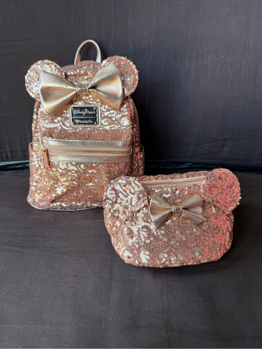 Loungefly Rose Gold Sequin Mini Backpack and Pouch Set